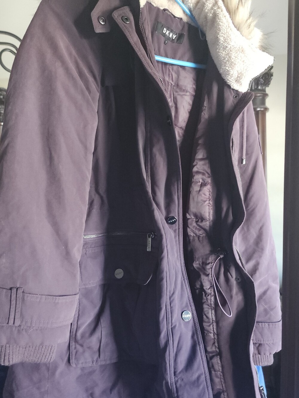 DKNY Dark Plum Faux-Shearling Hooded Puffer Coat